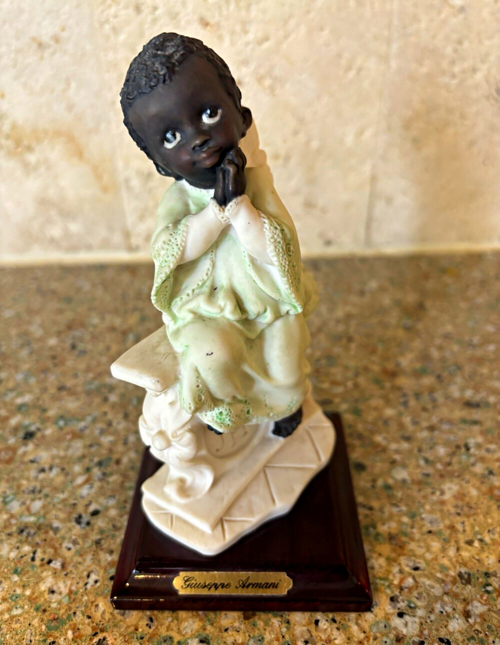 Giuseppe Armani Porcelain Praying Angel Figurine on Wood Base, Hand Painted
